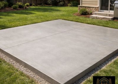 A smooth concrete patio slab in a grassy backyard next to a house, with a handyman service logo in the corner.