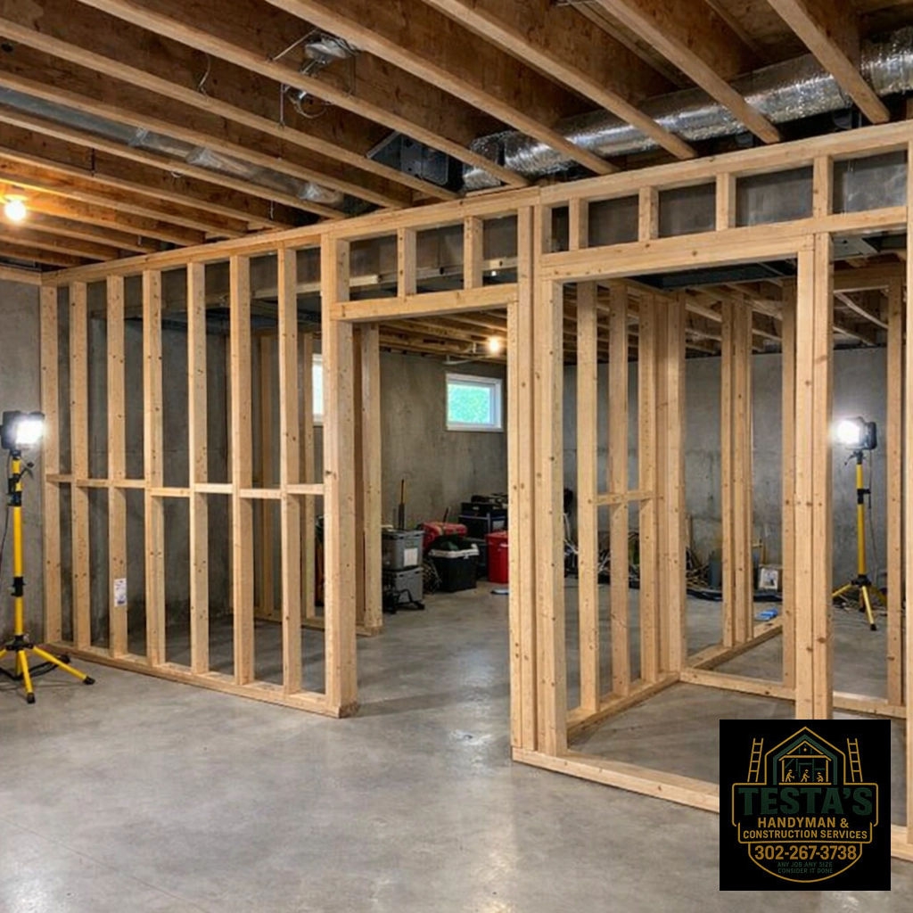 Wood framing for interior walls in a basement under construction, with tools and lights around the area.