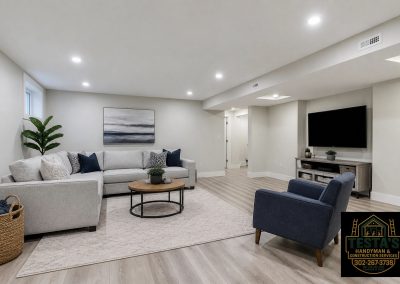 Modern living room with gray couch, blue armchair, TV, round coffee table, and indoor plant.