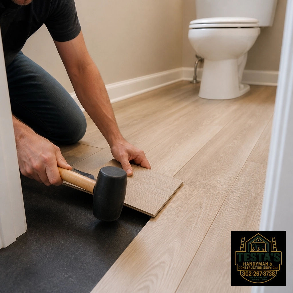 687043865_122120319381247065_3893698429259810668_n Person installing wooden floor planks in a bathroom with a mallet; handyman service logo in corner.