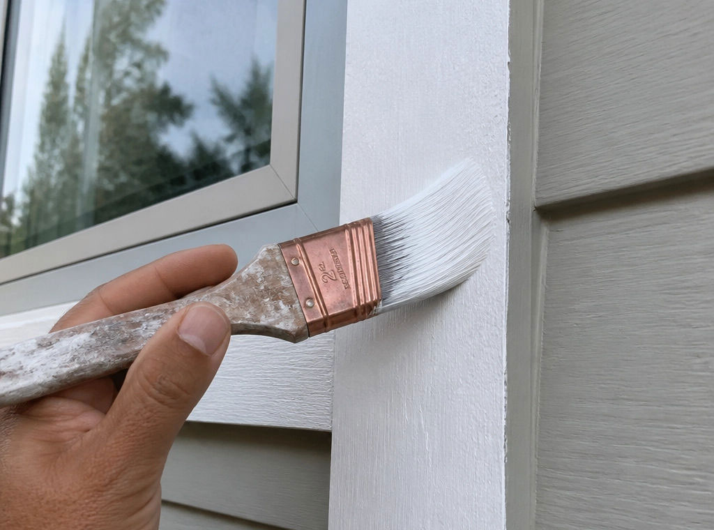A hand paints white trim near a window on the exterior of a house with a paintbrush.