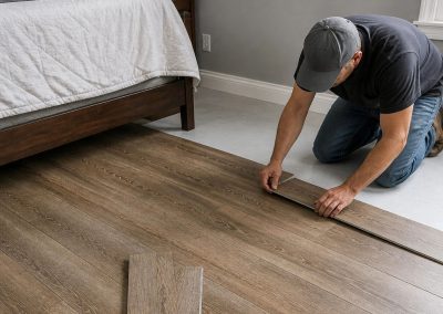 Man kneeling and installing wood laminate flooring next to a bed in a bedroom.