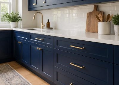 Modern kitchen with navy blue cabinets, gold hardware, white countertop, and subway tile backsplash.