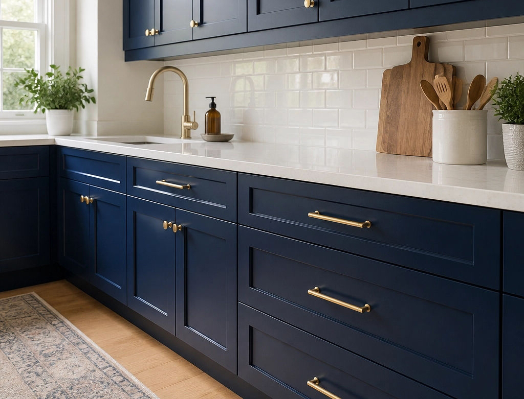 Modern kitchen with navy blue cabinets, gold handles, white countertop, and potted plants by the window.
