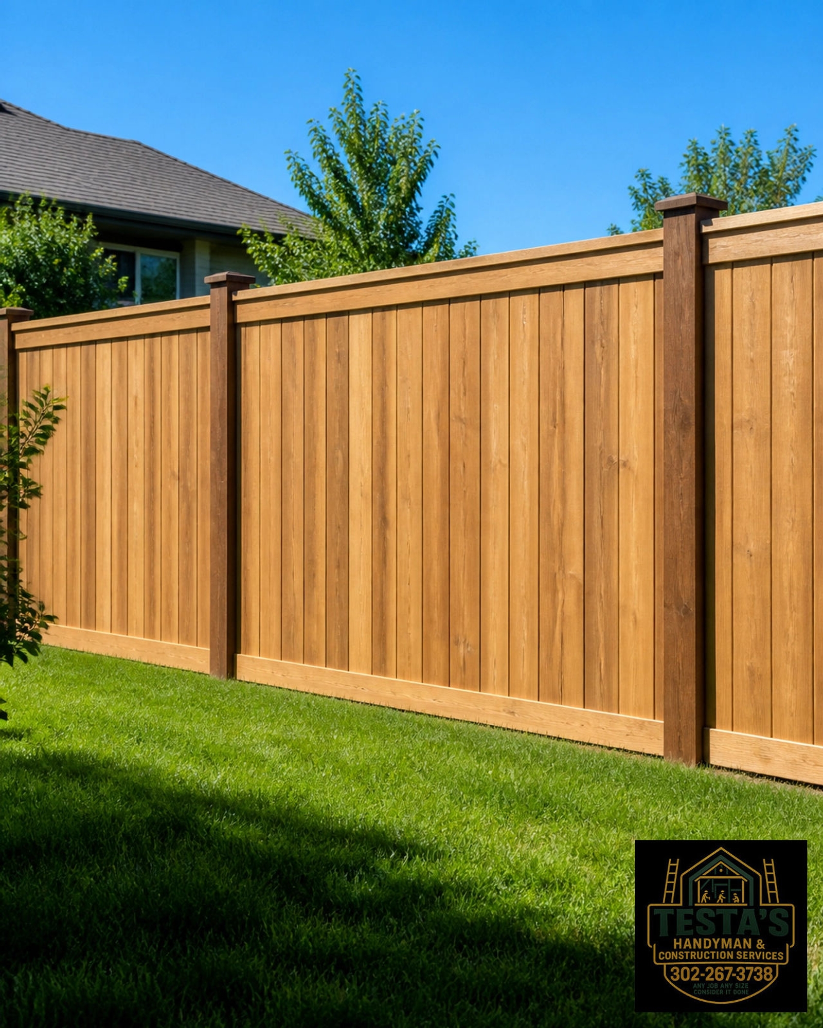 Tall wooden privacy fence in a green yard with "Handyman & Construction Services" logo in the corner.