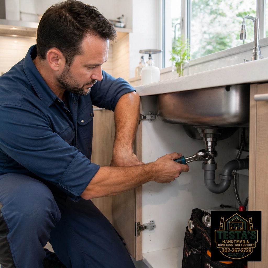 A man fixing pipes under a kitchen sink with a wrench, wearing a blue shirt. Tools are nearby.