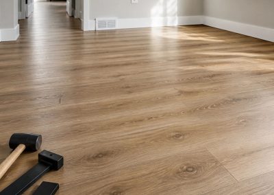 Bright room with new wood-look flooring, a hammer and mallet on the floor, and a handyman service logo.