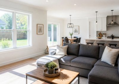 Bright living room with a gray sectional, coffee table, and view of a modern kitchen; sunlight streams in.
