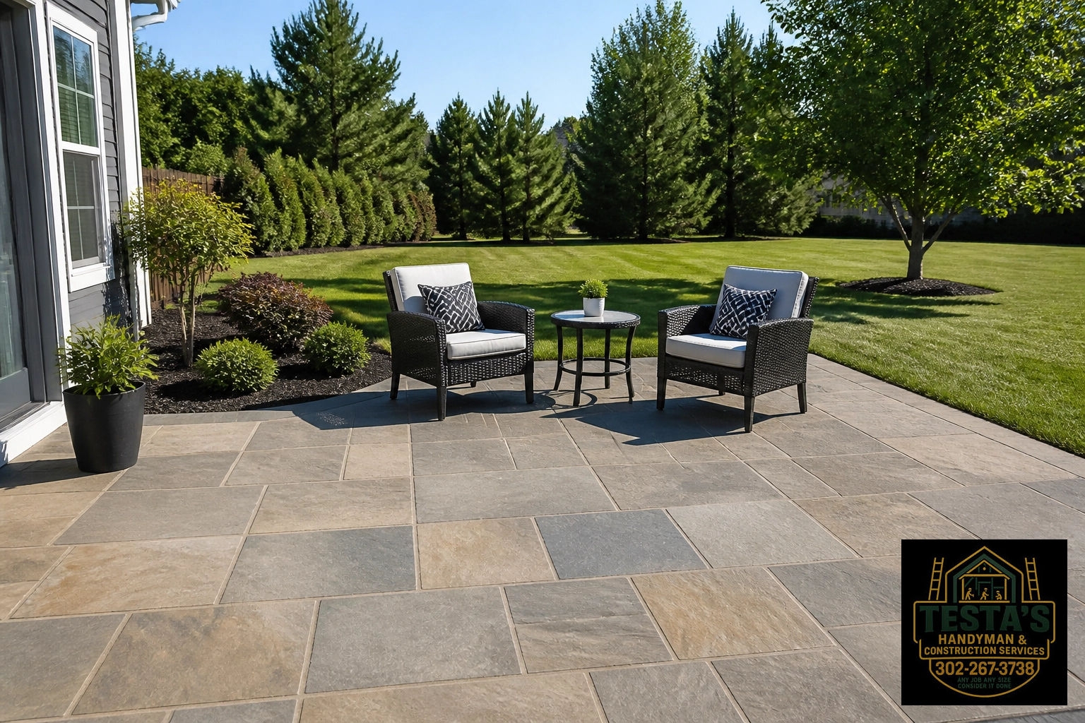 Patio with two chairs and a table, overlooking a large green lawn with trees and shrubs. Testa’s logo in corner.