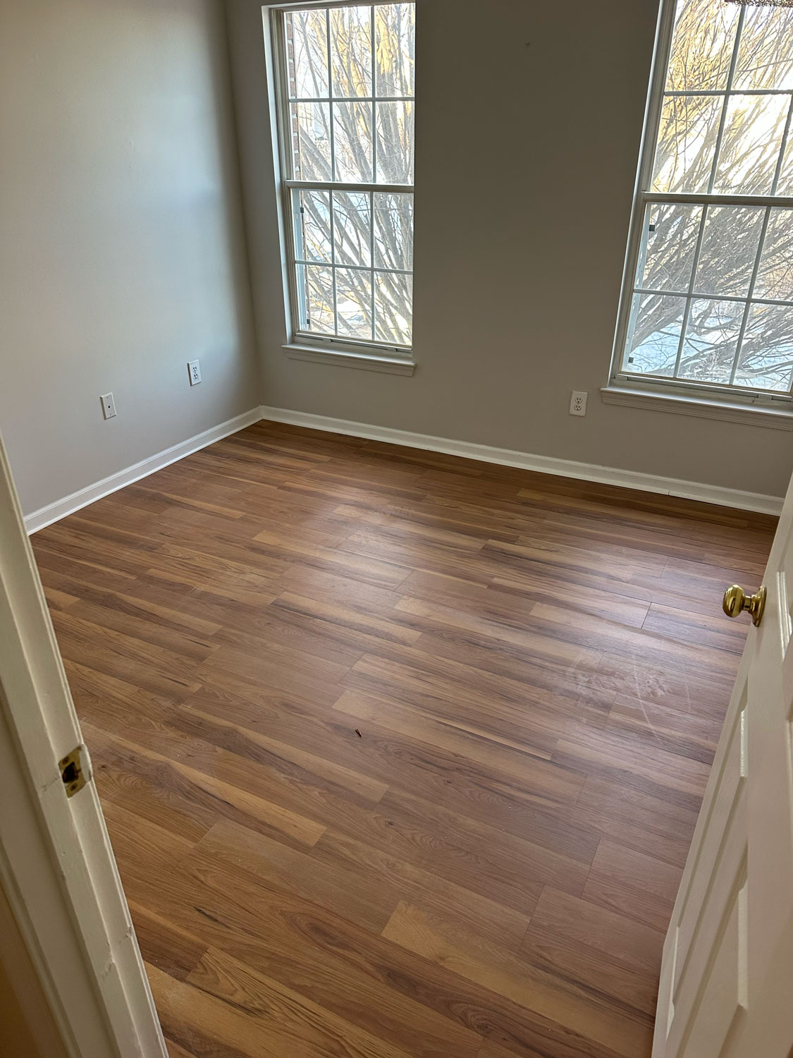 Empty room with wood flooring, neutral walls, and two large windows letting in natural light.